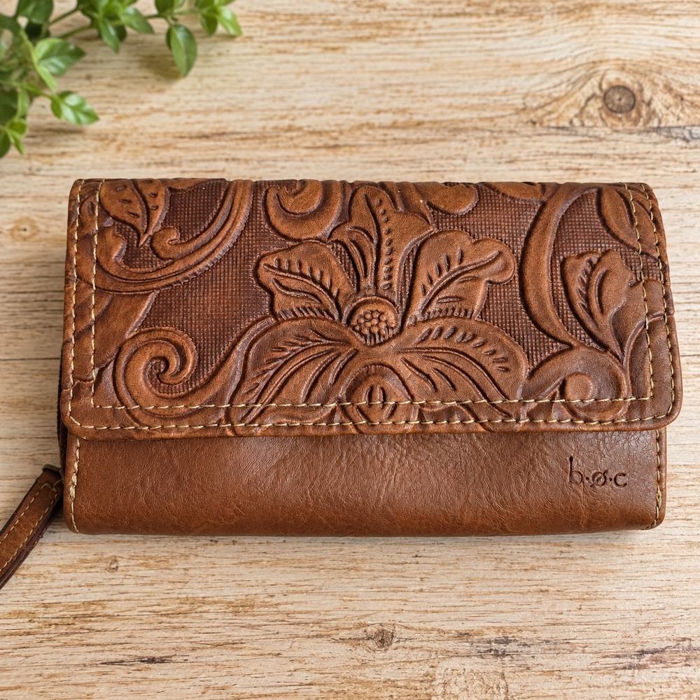 BOC Born Concept Floral Embossed Wallet Cognac Brown Faux Leather Boho Clutch